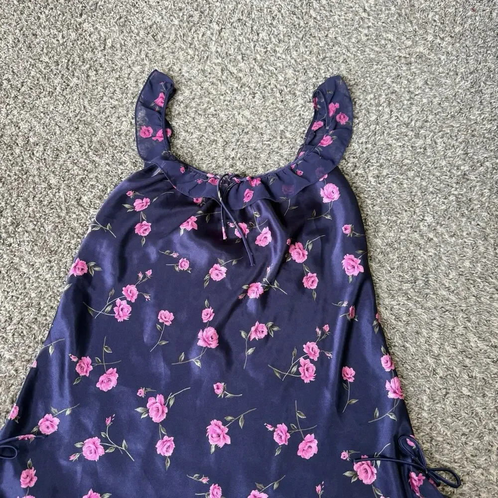 VTG Cinema Etoile Blue Pink Floral Satin Babydoll Lingerie Slip Dress Y2K 90s M